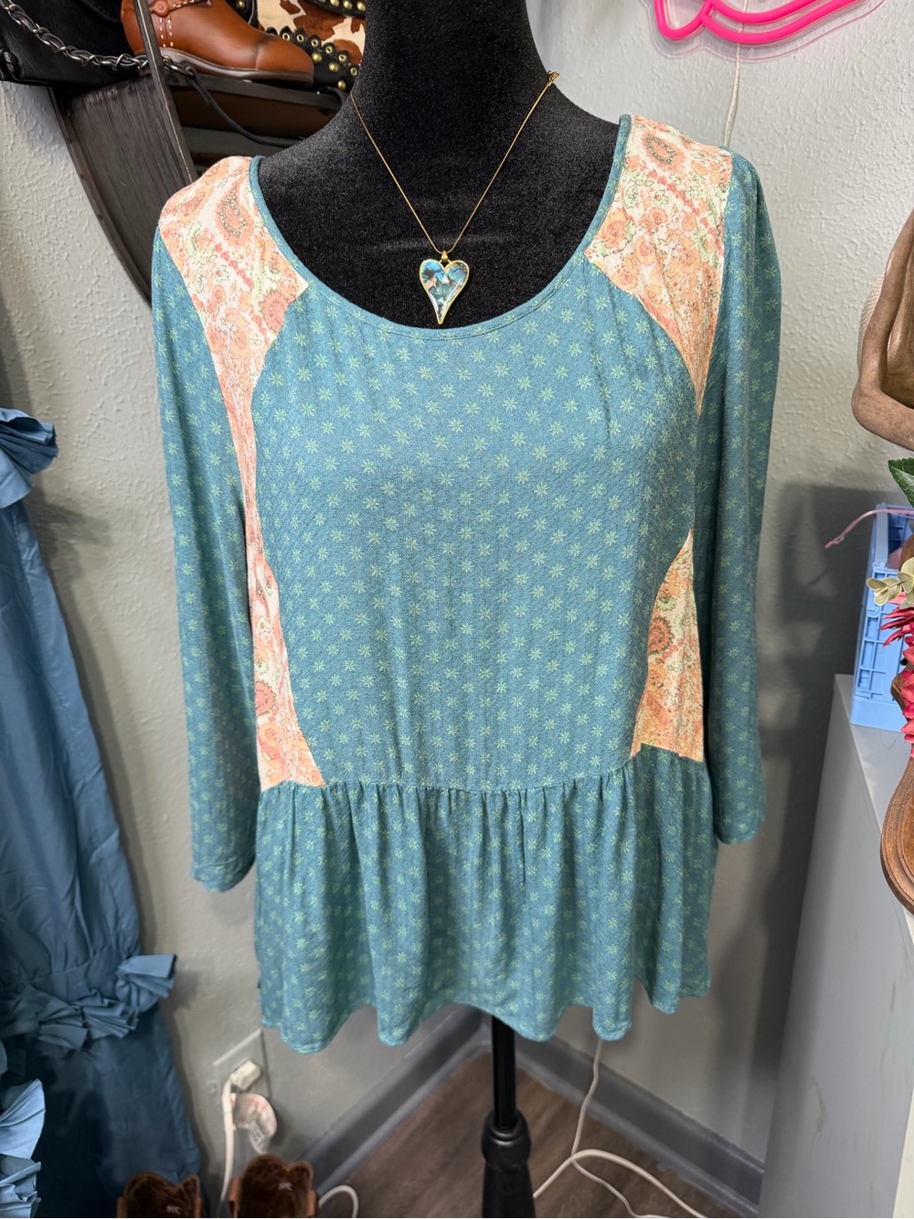 Free People Tunic Top Large Teal Floral Paisley Boho Peplum Babydoll Hippie